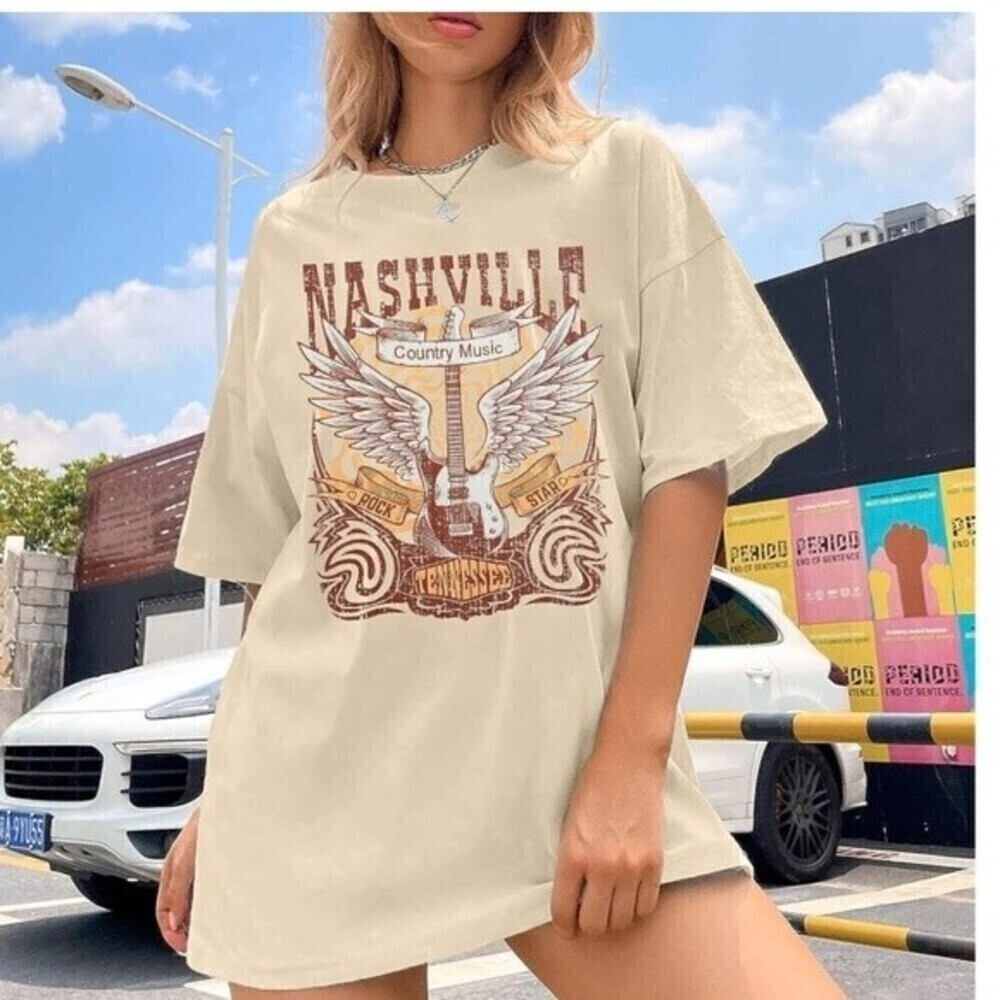 Rodeo cowgirl women western Oversized beige T-shirts country beige Oversized top - Picture 2 of 8